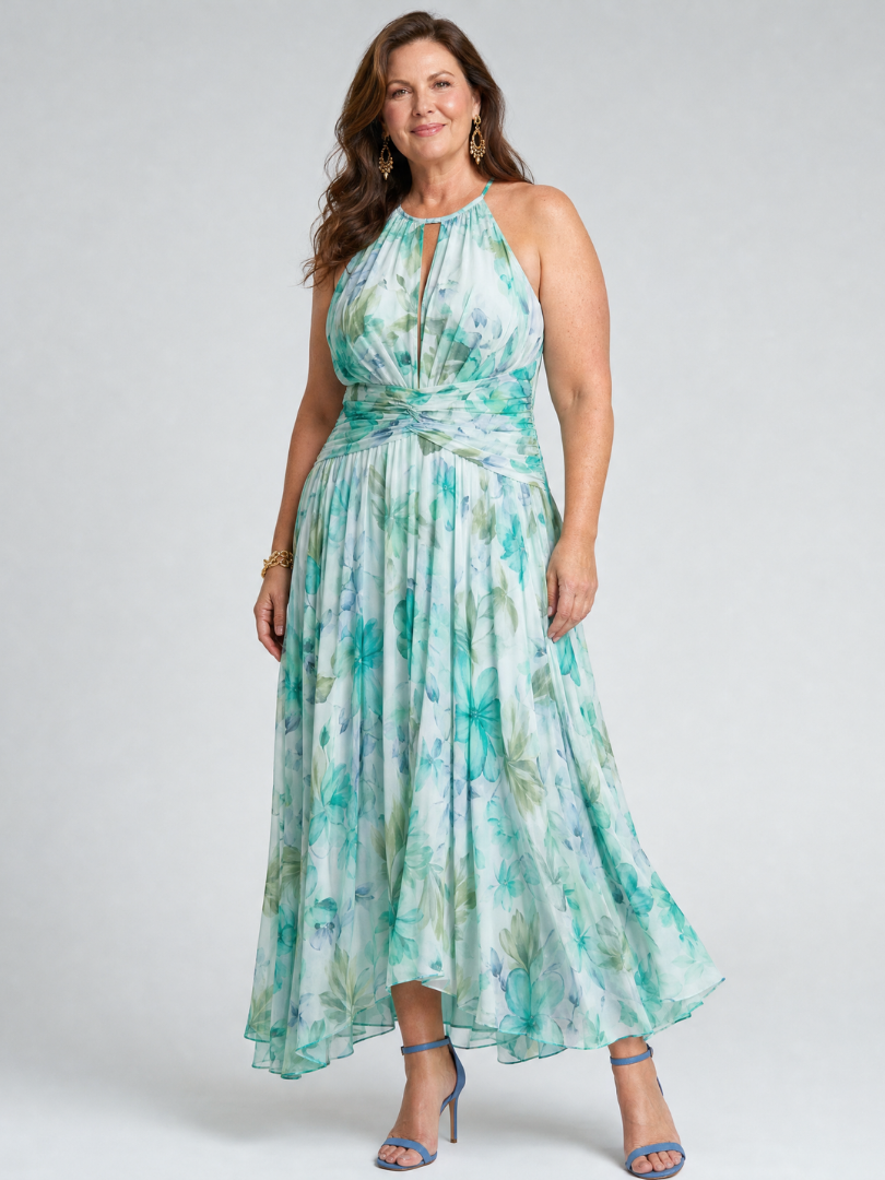 אביגיל | שמלת מידי עם צווארון הולטר ודוגמת פרחים מקושטת