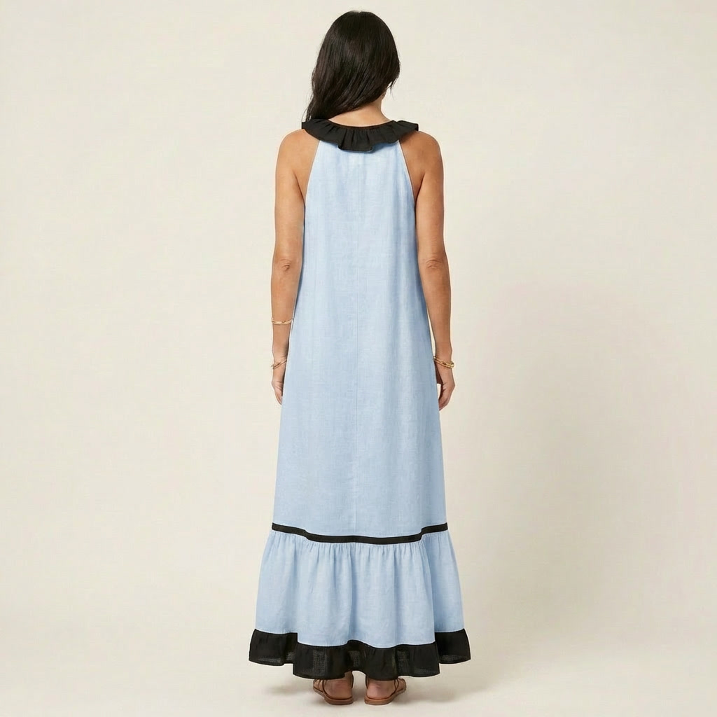 מיכל | שמלת מקסי ללא שרוולים עם צווארון רפוס וחתך מנוגד